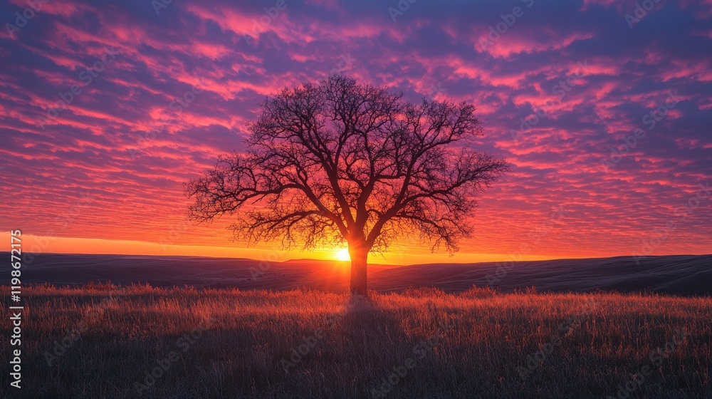 Sunset silhouette, lone tree, fiery sky. Sunset silhouette, lone tree, fiery sky.