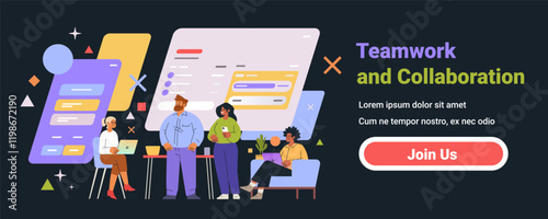 Teamwork and collaboration concept with diverse team working on digital project dark background geometric elements website banner
