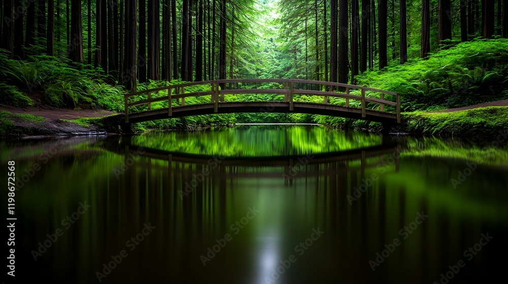 A tranquil scene of a wooden bridge spanning a calm pond nestled within a dense, vibrant green forest. A tranquil scene of a wooden bridge spanning a calm pond nestled within a dense, vibrant green forest.