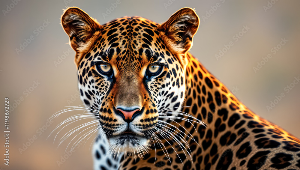 Obraz premium Majestic leopard portrait on Savanna with a blurred background. Powerful wildlife photography.