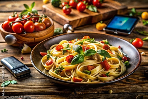 Delicious Pasta Dish Served with HDMI, USB, and DisplayPort Connectors - Tech Meets Food photo