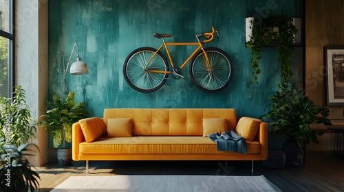 Yellow Sofa and Orange Bicycle in a Teal Room