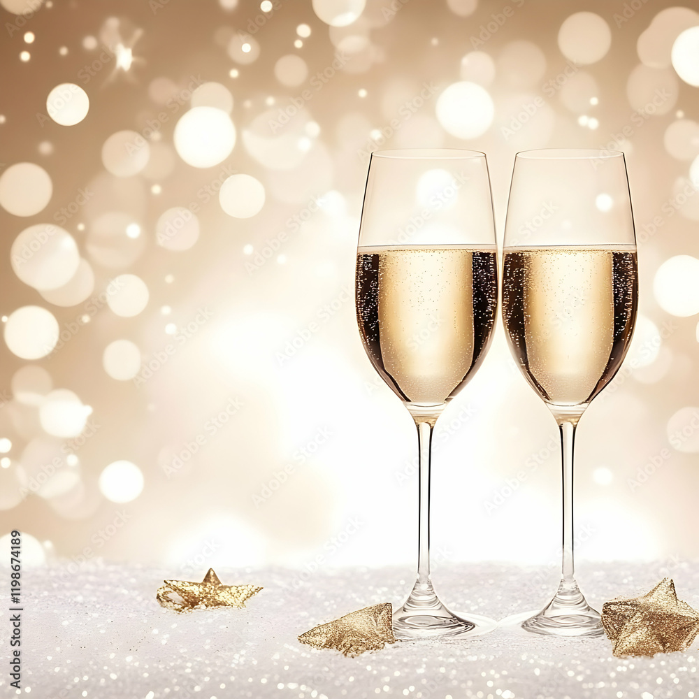 Two Champagne Flutes Sparkle Festively on a Glittering Surface with Golden Star Accents Two Champagne Flutes Sparkle Festively on a Glittering Surface with Golden Star Accents