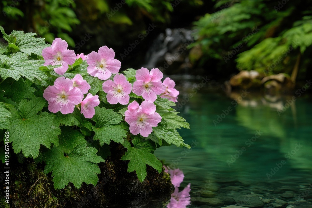 Delicate pink flowers bloom beside a serene, clear stream in a lush green environment, creating a tranquil natural scene. Delicate pink flowers bloom beside a serene, clear stream in a lush green environment, creating a tranquil natural scene.