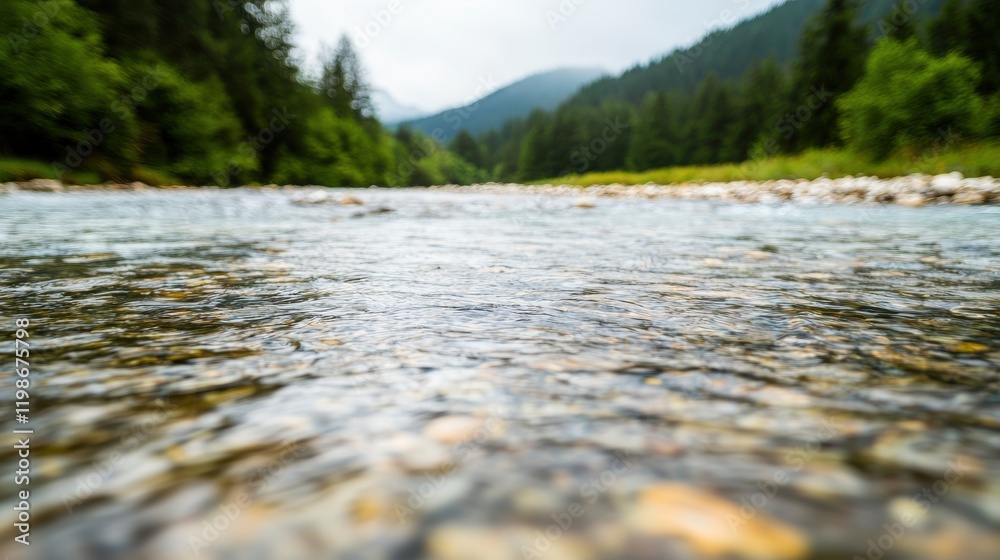 Fototapeta premium A serene river flows through lush greenery, with distant mountains and a cloudy sky, creating a tranquil natural landscape.