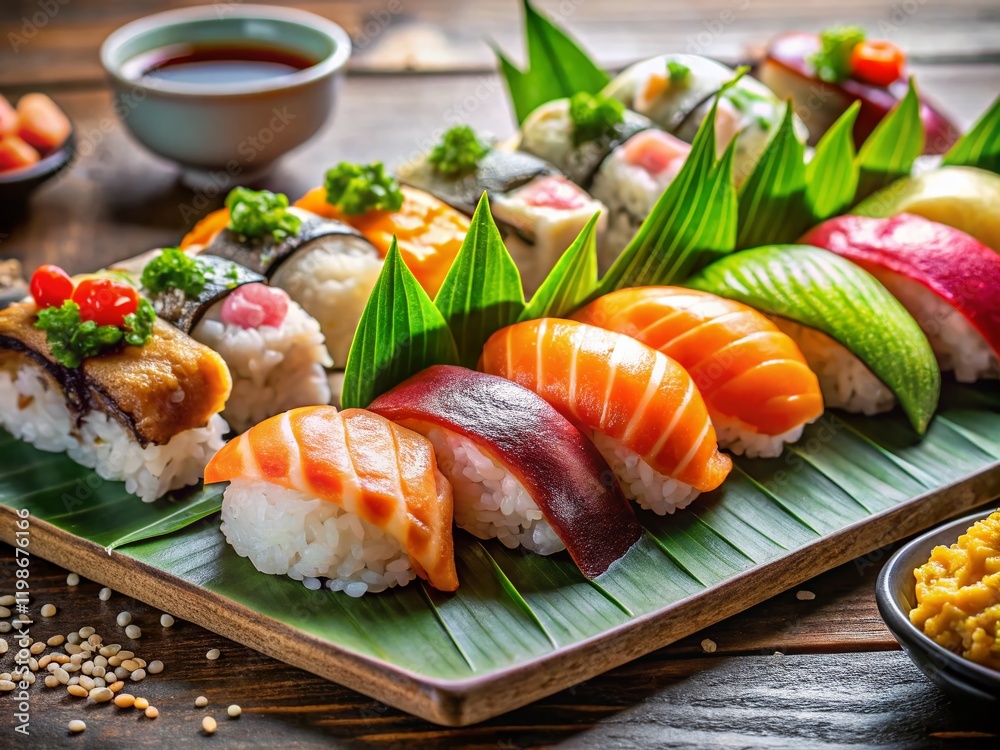 Delicious Sushi Platter with Assorted Fish and Rice - Japanese Cuisine Delicious Sushi Platter with Assorted Fish and Rice - Japanese Cuisine