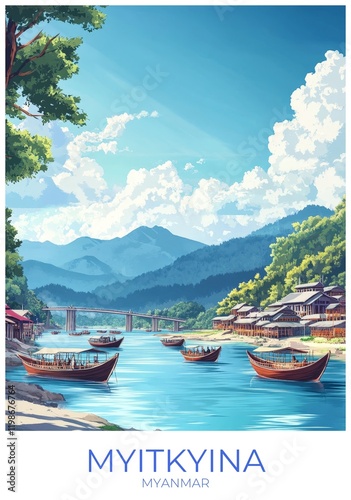 Myitkyina Myanmar Travel Poster Flat Illustration Print Decor Gift Canvas Wall Art Gift photo