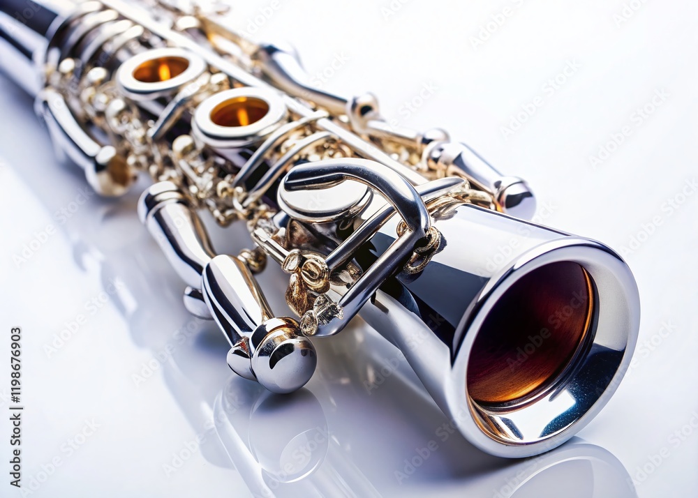 Fototapeta premium Panoramic Photo: Sleek Clarinet Resting on Pristine White Background
