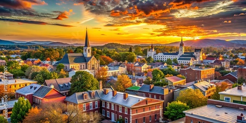 Panoramic Skyline View of Staunton, Virginia City Rooftops at Golden Hour