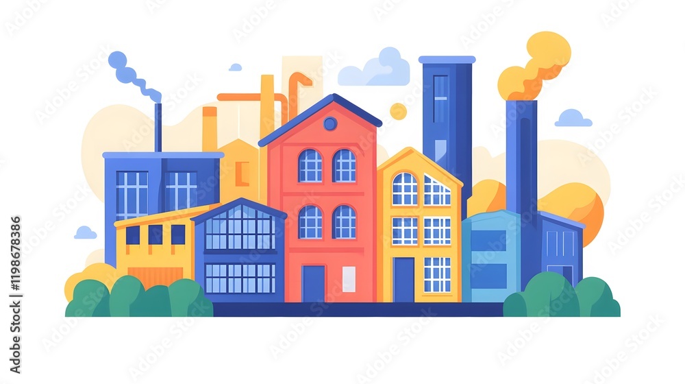 Fototapeta premium Industrial Cityscape Featuring Colorful Buildings and Factories