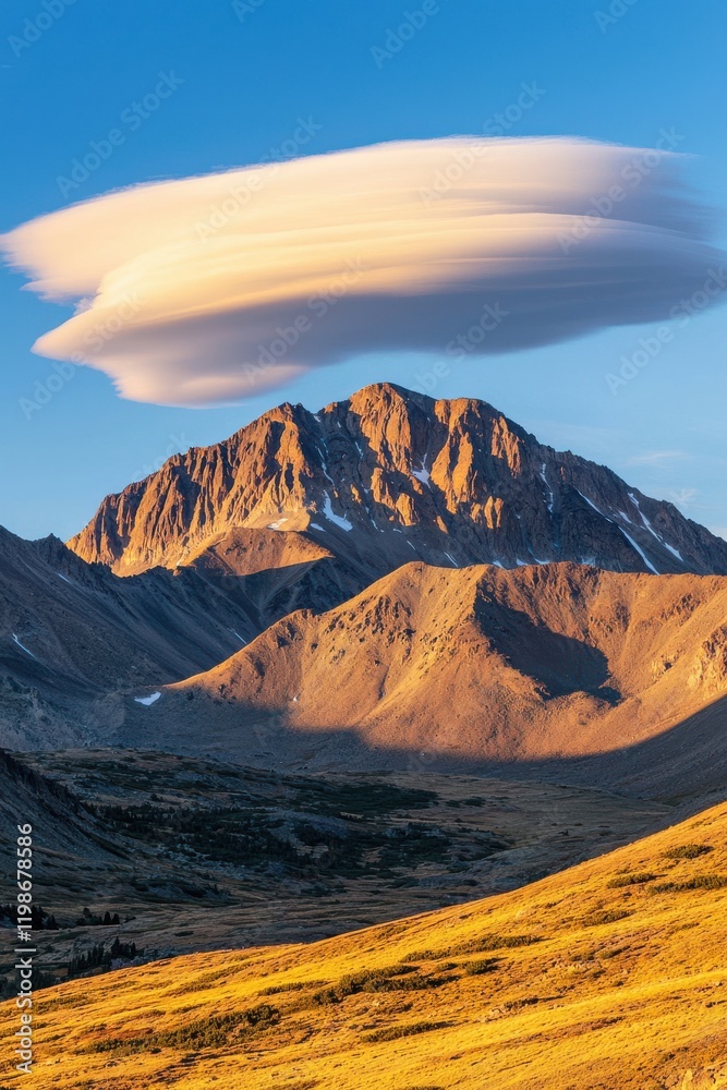 Fototapeta premium Majestic mountain landscape featuring a unique lenticular cloud above rocky peaks under a clear blue sky.