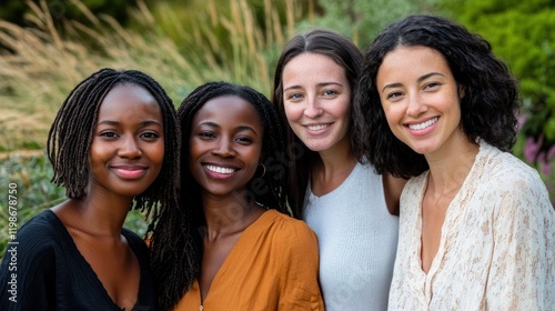 Multiracial women friends smiling outdoors on solid white background