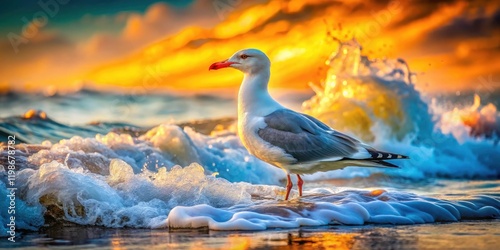 Surreal Seagull: Coastal Bird Photography,  Ocean Wave Art, Dreamlike Gull Image,  Surrealist Seascape photo