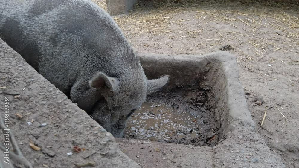 Pot bellied pig cooling off, wallowing contentedly in muddy pit, experiencing natural refreshment on sunny farm day Pot bellied pig cooling off, wallowing contentedly in muddy pit, experiencing natural refreshment on sunny farm day