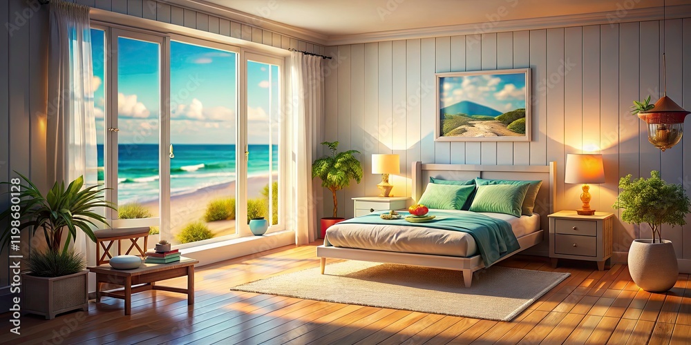 Fototapeta premium Tilt-Shift 3D Seaside Bedroom: Miniature Ocean View, Coastal Dream Room, Fantasy Interior Design