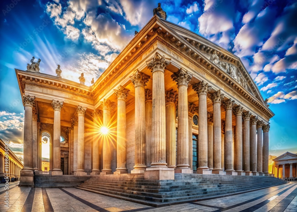 Panoramic View of Classic Building Facade with Majestic Columns Panoramic View of Classic Building Facade with Majestic Columns