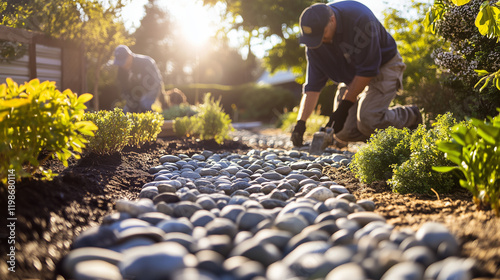 A landscaping crew installing decorative rocks and plants under warm sunlight