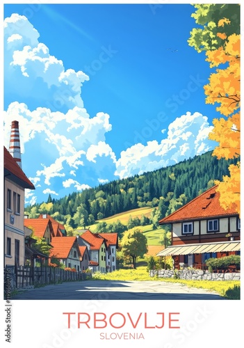 Trbovlje Slovenia Travel Poster Flat Illustration Print Decor Gift Canvas Wall Art Gift photo