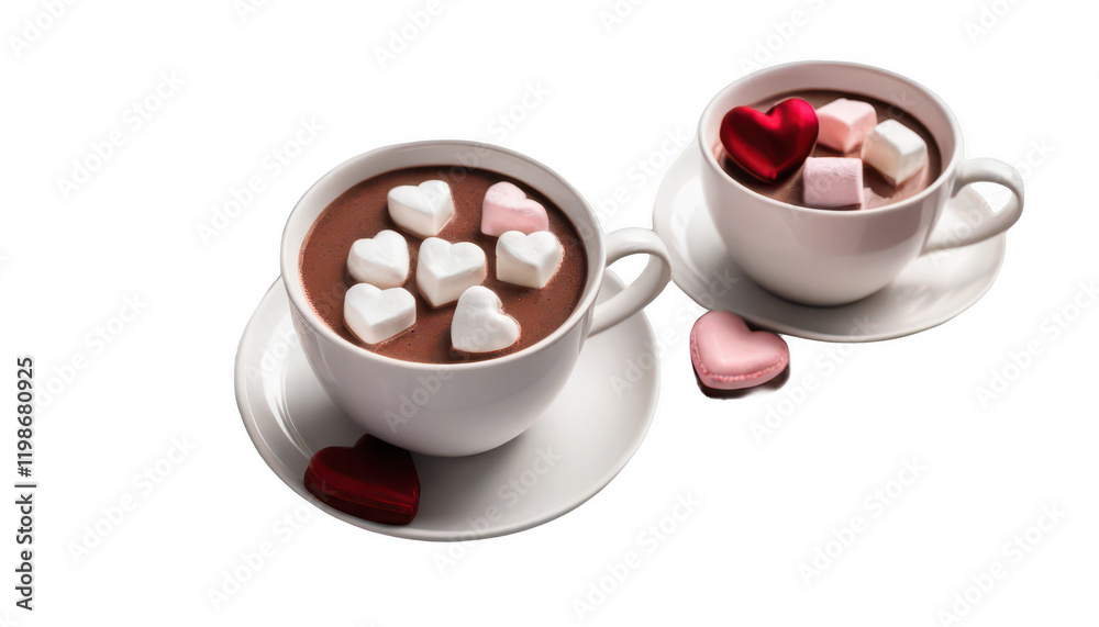 A close-up of a mug of hot chocolate with heart-shaped marshmallows melting in it, surrounded by love notes, a soft knitted scarf, and heart-shaped chocolate truffles, on a white transparent backgroun A close-up of a mug of hot chocolate with heart-shaped marshmallows melting in it, surrounded by love notes, a soft knitted scarf, and heart-shaped chocolate truffles, on a white transparent backgroun