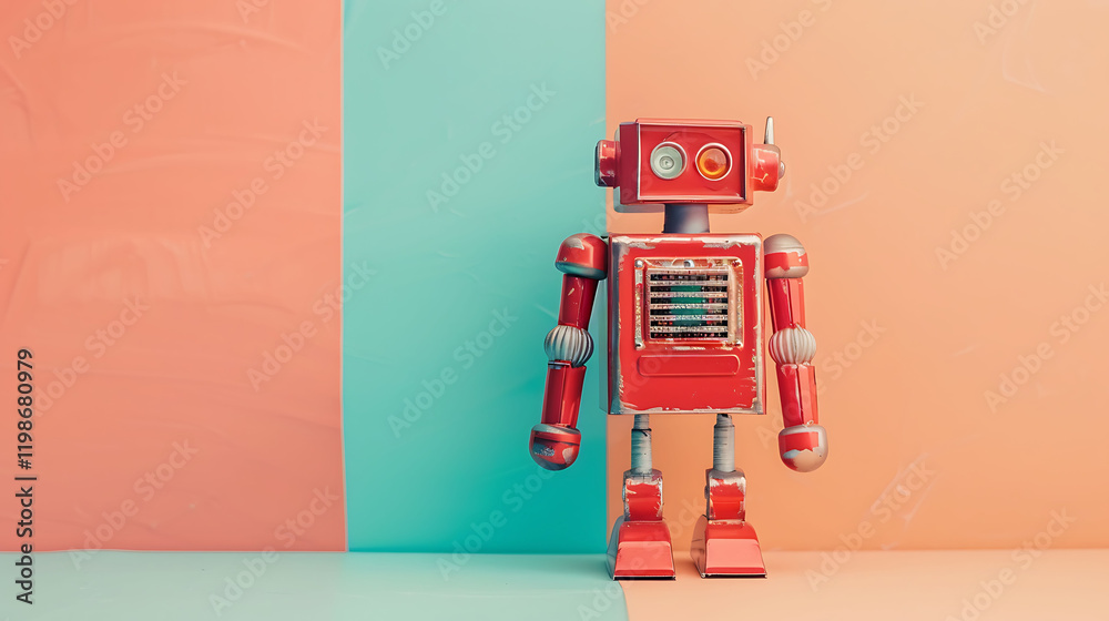 Fototapeta premium Red metal toy robot isolated on a aqua and peach background