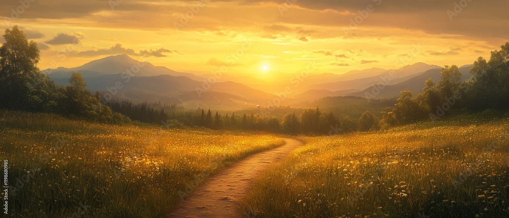 Sunset path through wildflowers, mountains Sunset path through wildflowers, mountains