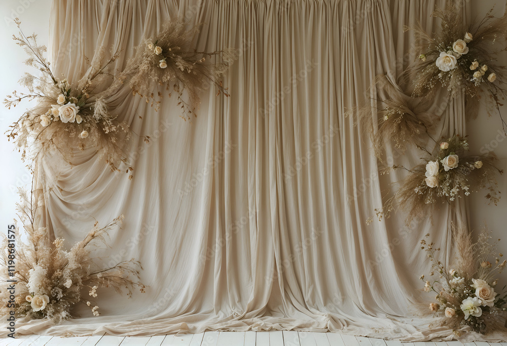 Rustic Elegance: A backdrop of flowing beige chiffon curtains, adorned with dried floral arrangements, creates a romantic and timeless ambiance. Rustic Elegance: A backdrop of flowing beige chiffon curtains, adorned with dried floral arrangements, creates a romantic and timeless ambiance.