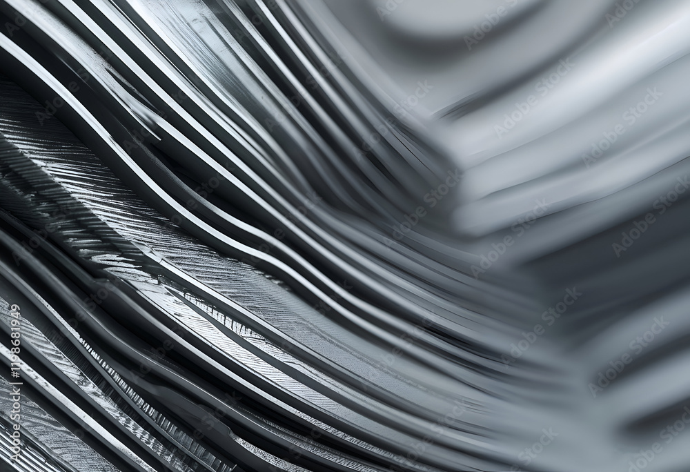 Obraz premium Abstract Metal Texture: A captivating close-up reveals the intricate textures and flowing lines of layered metal sheets, creating an abstract composition of light and shadow.