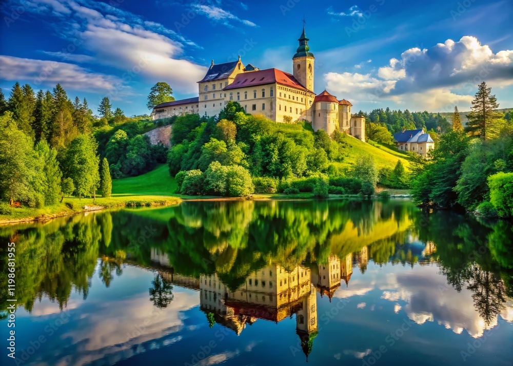 Fototapeta premium Panoramic View of Mitrowicz Castle on the Luznice River, South Bohemia, Czech Republic