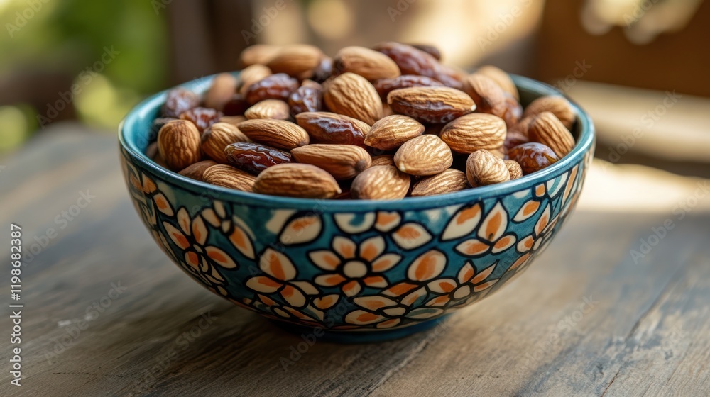Almonds, dates, bowl, outdoors, sunlight, healthy snack, wooden table, garden background
