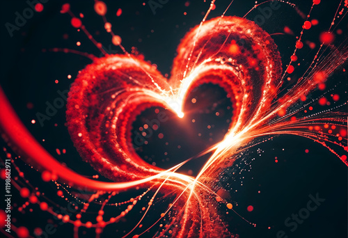 Love's Cosmic Glow: A radiant heart composed of swirling fiery lines and sparks illuminates the dark canvas, symbolizing passion, devotion, and the boundless power of love. 