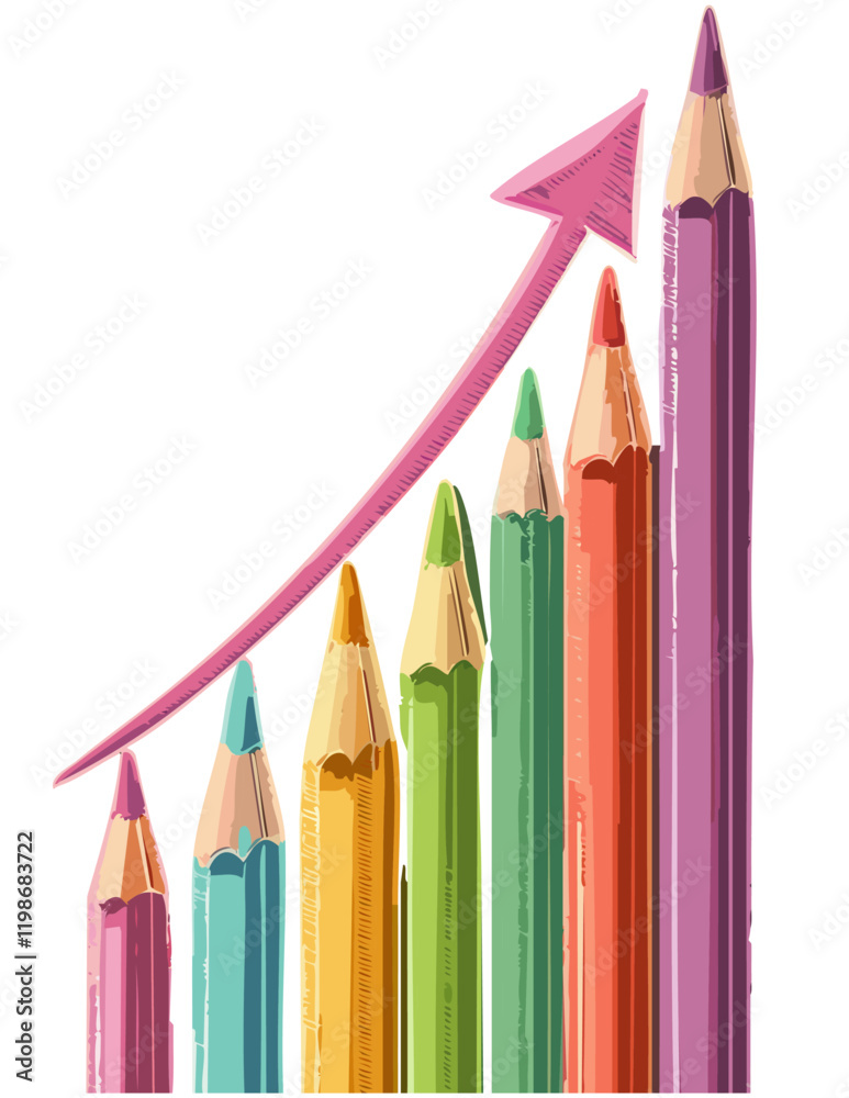 Colorful Pencil Bar Chart Illustration with Growth Arrow Colorful Pencil Bar Chart Illustration with Growth Arrow