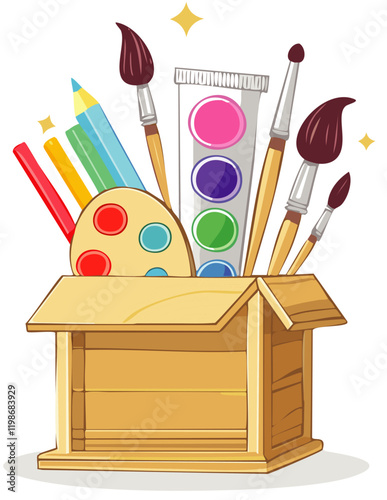 Wooden Art Supplies Box with Brushes and Paints