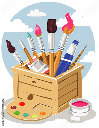 Wooden Art Supplies Box with Brushes and Paints