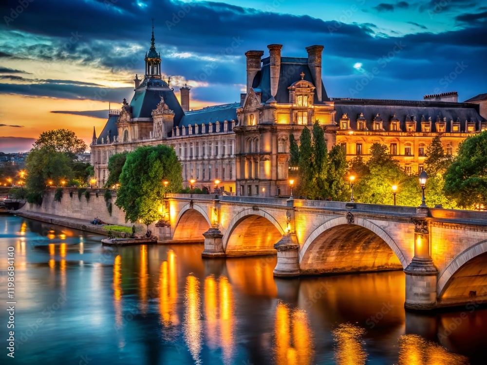 Fototapeta premium Parisian Night: Pont Royal & Pavillon de Flore from Seine Riverbank - Low Light Photography