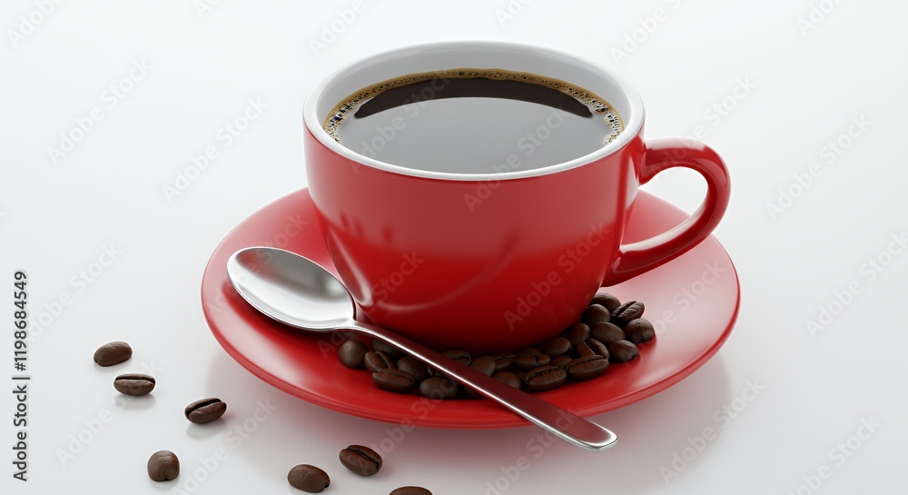 Red cup of aromatic coffee, saucer, spoon and beans isolated on white
