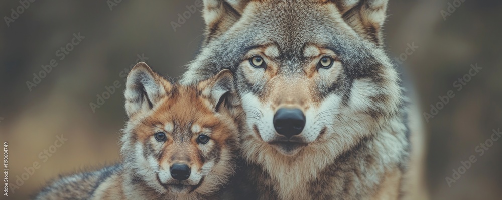 Wolf pack hierarchy concept. Two wolves, one adult and one cub, closely together in nature. Wolf pack hierarchy concept. Two wolves, one adult and one cub, closely together in nature.