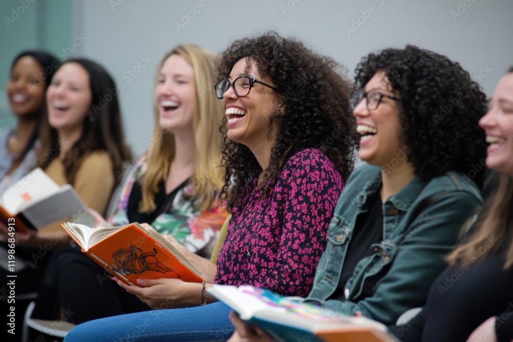 Women engaging in lively discussion while reading books in a group setting Women engaging in lively discussion while reading books in a group setting
