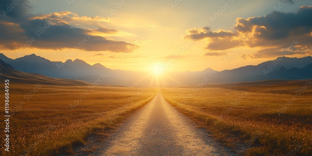 Sunset road leads through golden field, mountains backdrop Sunset road leads through golden field, mountains backdrop