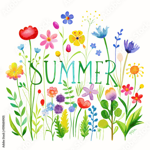 Watercolor illustration of a summer meadow with delicate multicolored flowers and the word "Summer" 