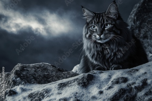 Mature Norwegian Forest Cat blacksilver observing offcamera on rock photo