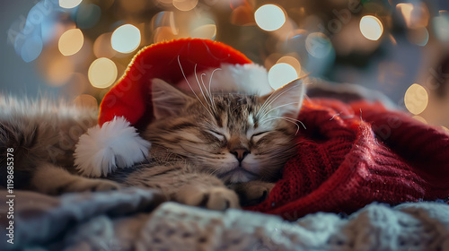 The cat is curled up in a homemade christmas cap and coat on a beautiful tiny studio scene photo