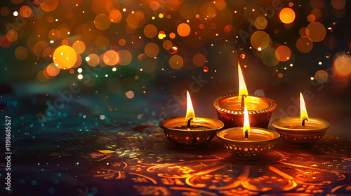 The diwali celebrations arrangement with oil lamps photo