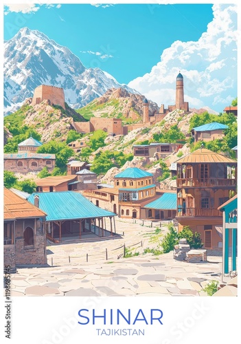 Shinar Tajikistan Travel Poster Flat Illustration Print Decor Gift Canvas Wall Art Gift photo