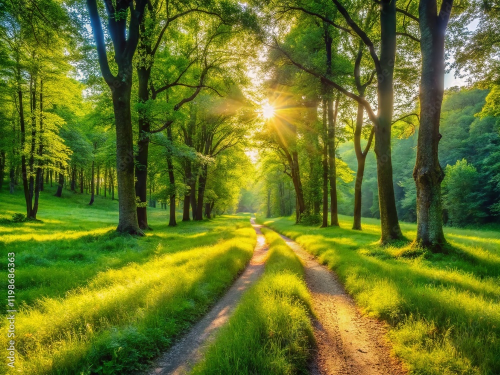 Obraz premium Peaceful Meadow Landscape: Narrow Dirt Path Through Lush Green Grass, Tall Trees, and Dappled Sunlight