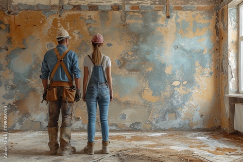 Man and woman are standing in front of wall that is being renovated