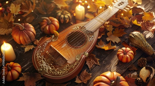 A guitar is on a table with pumpkins and leaves. Scene is warm and cozy, with the guitar adding a touch of musicality to the scene photo