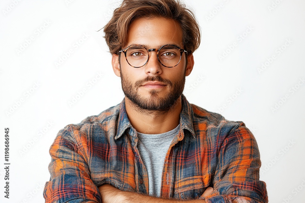 Obraz premium A young man with glasses and a plaid shirt poses confidently against a plain background.