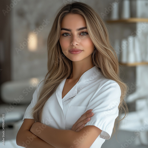 A beautiful young woman cosmetologist in a white medical uniform stands with her arms crossed against the background of a beauty salon, in a close-up portrait.