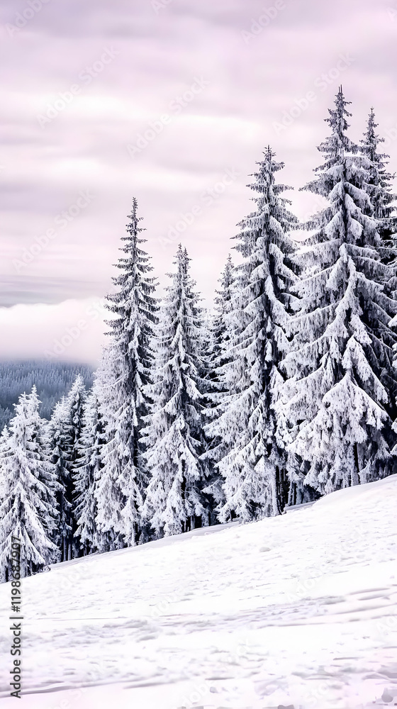 Snow-Covered Pine Trees Stand Majestically on a Snowy Hillside under a Cloudy Sky Snow-Covered Pine Trees Stand Majestically on a Snowy Hillside under a Cloudy Sky