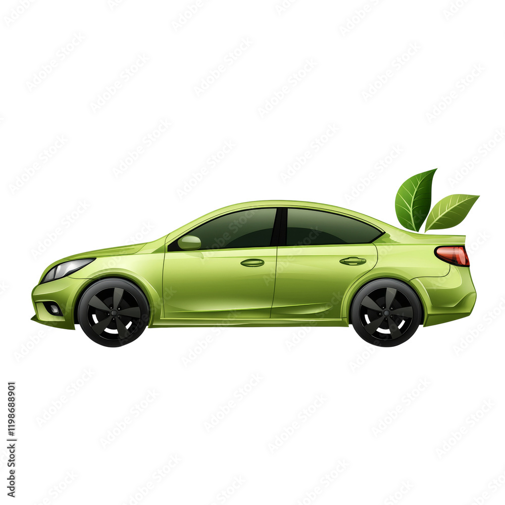 A sleek green eco-friendly car is shown in profile view with leaves on its trunk symbolizing environmental consciousness. A sleek green eco-friendly car is shown in profile view with leaves on its trunk symbolizing environmental consciousness.